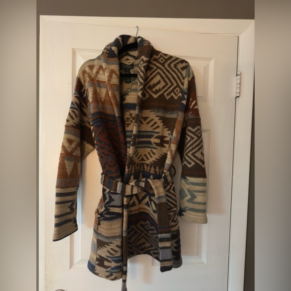 Vintage 90s Lauren Ralph Lauren Aztec wool wrap cardigan M - Picture 2 of 5